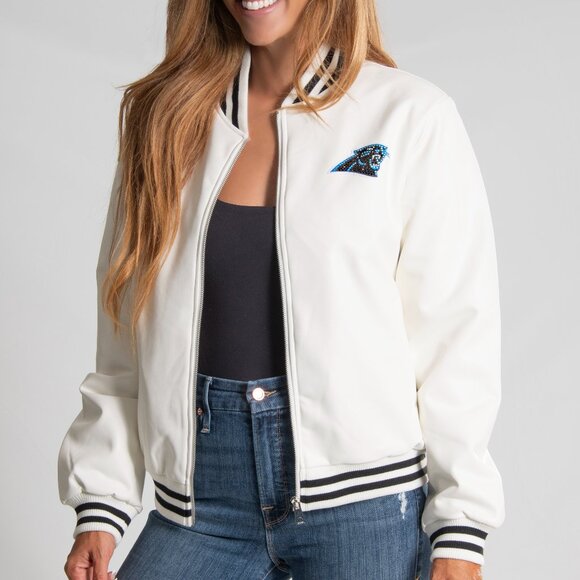 NFL Carolina Panthers White Vegan Leather Jacket - Picture 1 of 2